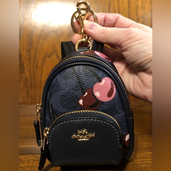 NWT-Coach-Mini Court Backpack Bag Charm-Denim Signature Canvas/Cherry Print-$158 - Picture 1 of 13